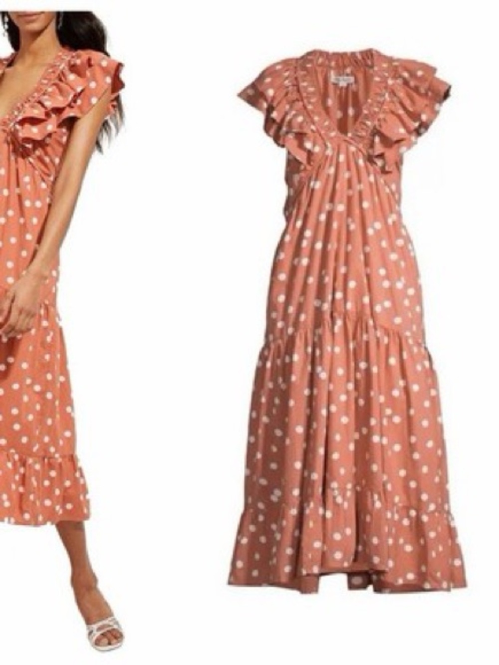 Roller Rabbit Rust Polka Dot Maxi Dress with Ruffle V-Neck